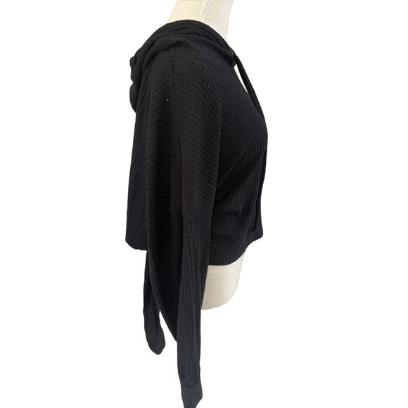 Versona Womens Cropped Hoodie Ribbed Knit Black Hooded Sweater Pullover XL - Picture 2 of 7